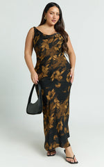 Dara Midi Dress - Low Neck Sleeveless Slip Dress in Amber Floral Print