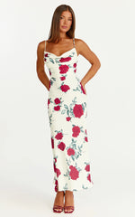 Dahlia Midi Dress - Cowl Neck A Line Dress in Scarlet Rose Print