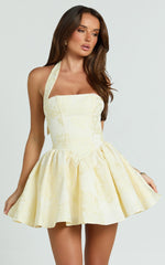 Maddy Mini Dress - Square Neck Halter Fit And Flare Dress in Lemon