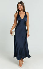Khalani Midi Dress - Deep V Neck Satin Slip Dress in Navy