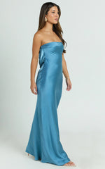 Charlita Maxi Dress - Strapless Cowl Back Satin Dress in Steel Blue