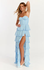 Bella Maxi Dress - Strapless Corset Bodice Lace Up Back Tiered Ruffle Dress in Soft Blue