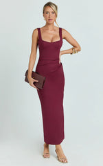 Benita Midi Dress - Scoop Neck Ruched Fitted Dress in Wine