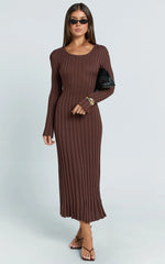 Blaire Midi Dress - Long Sleeve Tie Back Flare Dress in Dark Chocolate