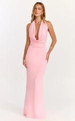 Sylvana Maxi Dress - Cowl Halter Neck Bodycon Dress in Baby Pink