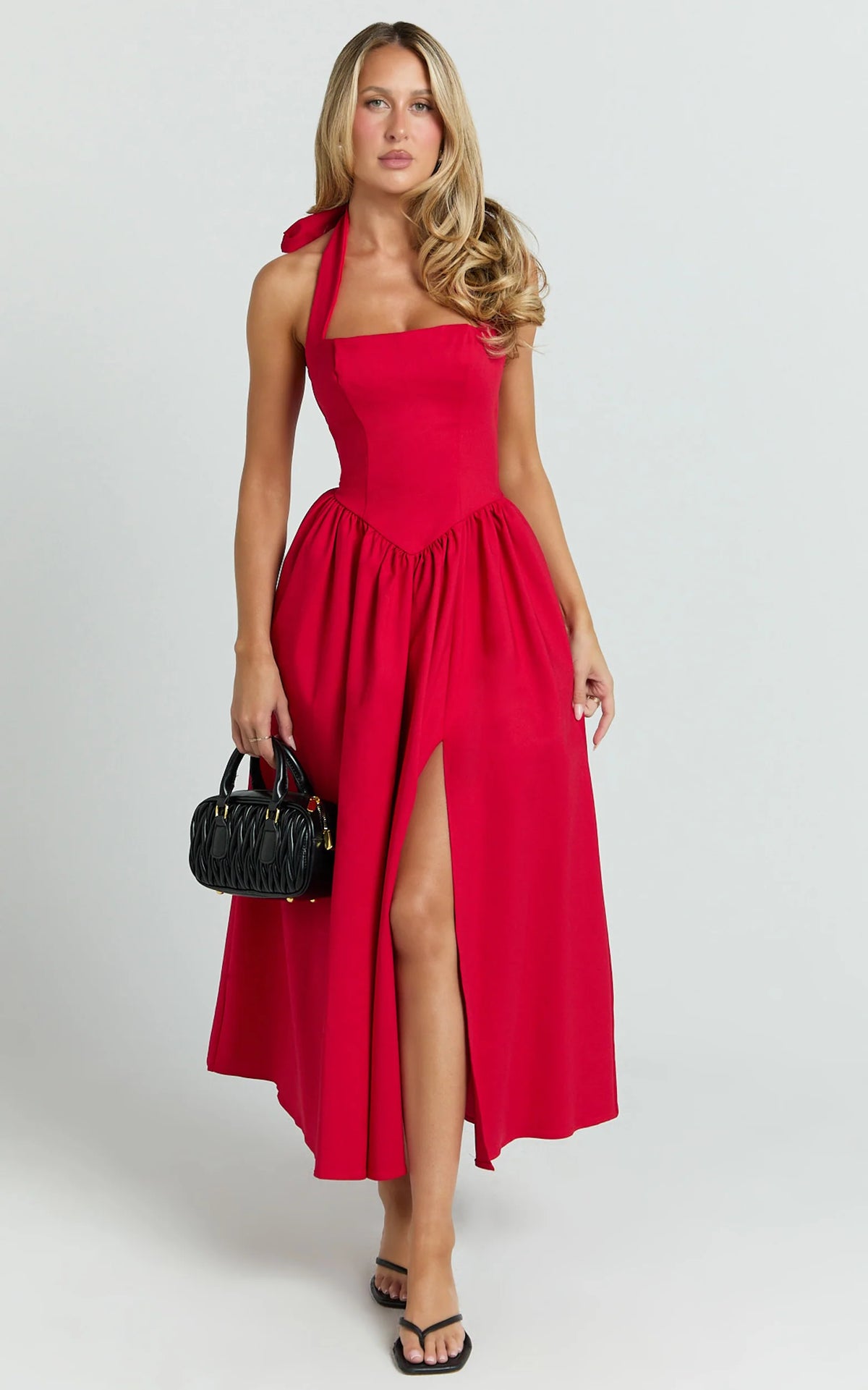 Helda Midi Dress - Halter Tie Neck Corset Panel Dress in Red