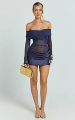 Jade Mini Dress - Long Sleeve Off Shoulder Draped Bias Cut Dress in Ink