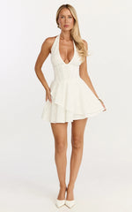 Lacey Mini Dress - Lace Corset Style Bodice Halter Dress in White