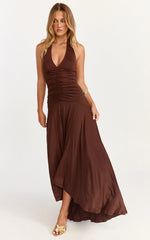Celeste Maxi Dress - Gathered Bodice Dropped Waist Halter Dress in Chocolate
