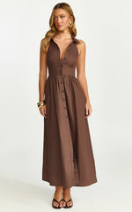 Ruby Midi Dress - Collared Button Down Gathered Waist Skirt Fit And Flare Dress in Dark Chocolate