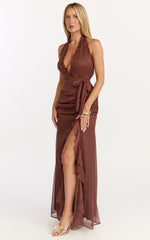 Eleonor Maxi Dress - Plunge Halter Tiered Ruffle Front Split Dress in Chocolate