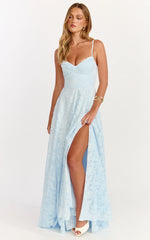 Rachel Maxi Dress - Sweetheart Neckline Jacquard Front Split Dress in Ice Blue