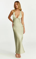 Khalani Midi Dress - Deep V Neck Satin Slip Dress in Light Olive