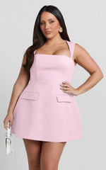 Garrett Mini Dress - Square Neck Fit And Flare Dress in Pink
