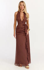 Eleonor Maxi Dress - Plunge Halter Tiered Ruffle Front Split Dress in Chocolate