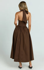 Helda Midi Dress - Halter Tie Neck Corset Panel Dress in Chocolate