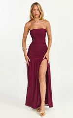 Lara Maxi Dress - Strapless Ruched Mesh High Leg Split Dress in Wine