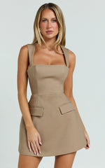 Garrett Mini Dress - Square Neck Fit And Flare Dress in Mocha