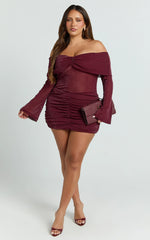 Rumi Mini Dress - Glitter Tulle Off Shoulder Ruched Dress in Wine