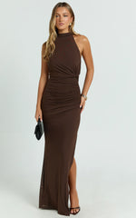 Francis Maxi Dress - Halter Ruched Backless Dress in Dark Chocolate
