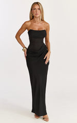 Phoebe Maxi Dress - Strapless Structured Bodice Drape Skirt Dress in Black