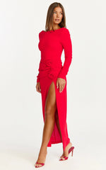Vivienne Maxi Dress - Boat Neck Long Sleeve Rosette Detail Dress in Red
