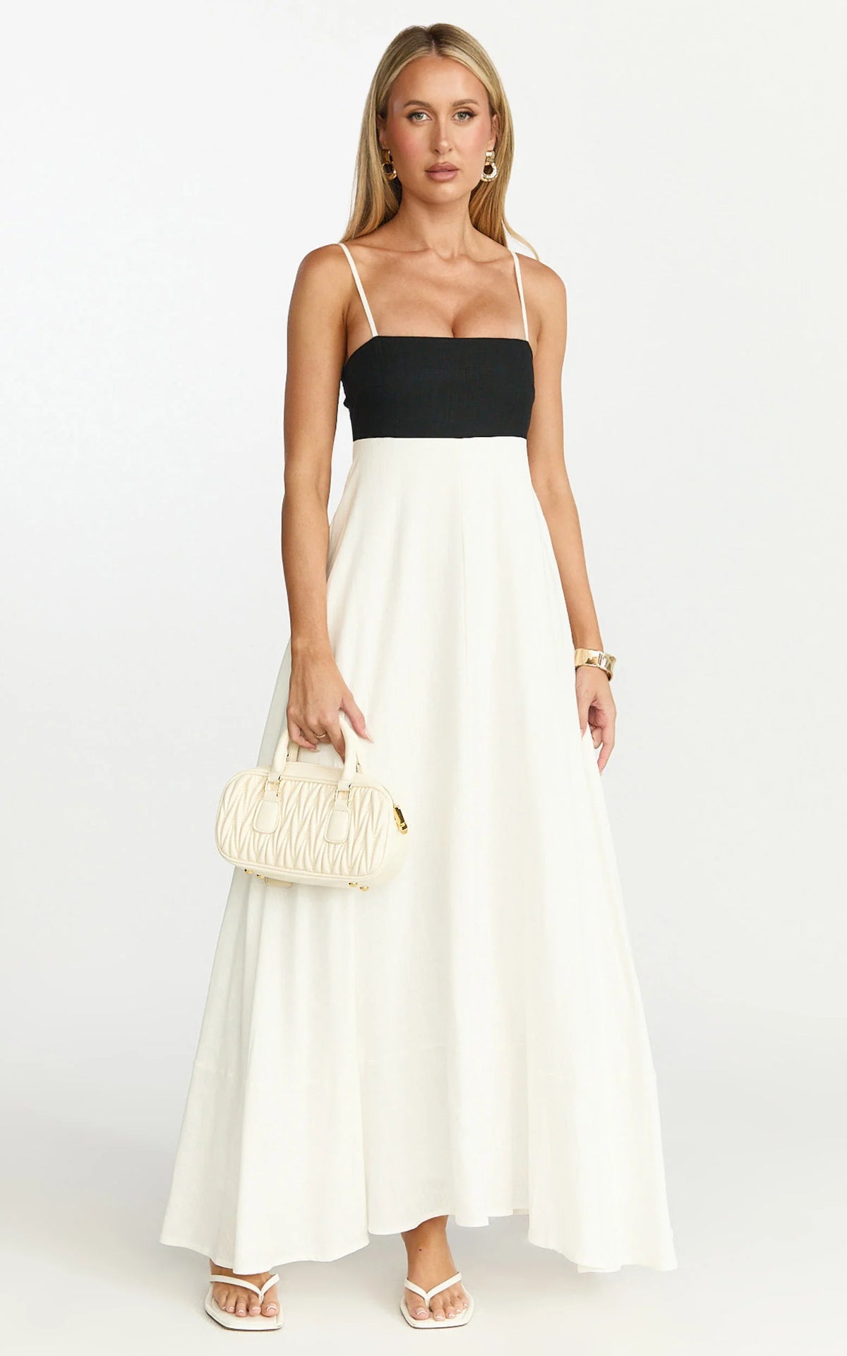 Katrien Maxi Dress - Strappy Empire Waist Flare Dress in Black & White