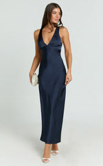Khalani Midi Dress - Deep V Neck Satin Slip Dress in Navy