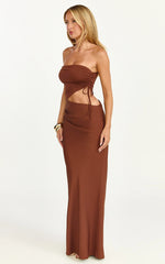 Fergie Maxi Dress - Strapless Side Ruched Cut Out Fitted Dress in chestnut brown