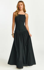 Cortez Maxi Dress - Square Neck Button Down Dropped Waist Dress in Black