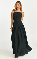 Cortez Maxi Dress - Square Neck Button Down Dropped Waist Dress in Black