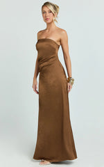 Laurie Maxi Dress - Strapless Draped Satin Dress in Chocolate