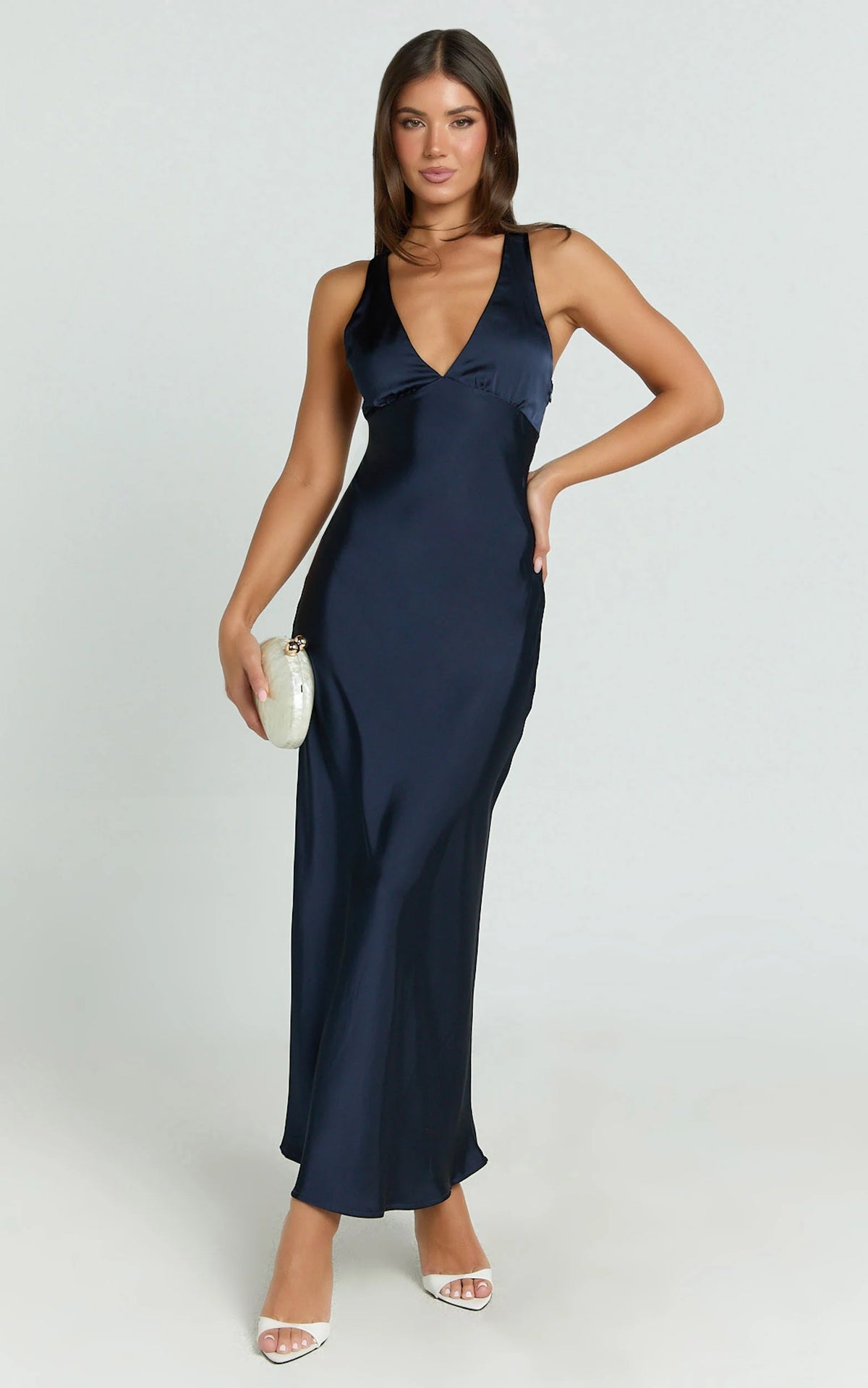 Khalani Midi Dress - Deep V Neck Satin Slip Dress in Navy