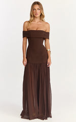 Florence Maxi Dress - Off Shoulder Sheer Skirt Dress in Chocolate
