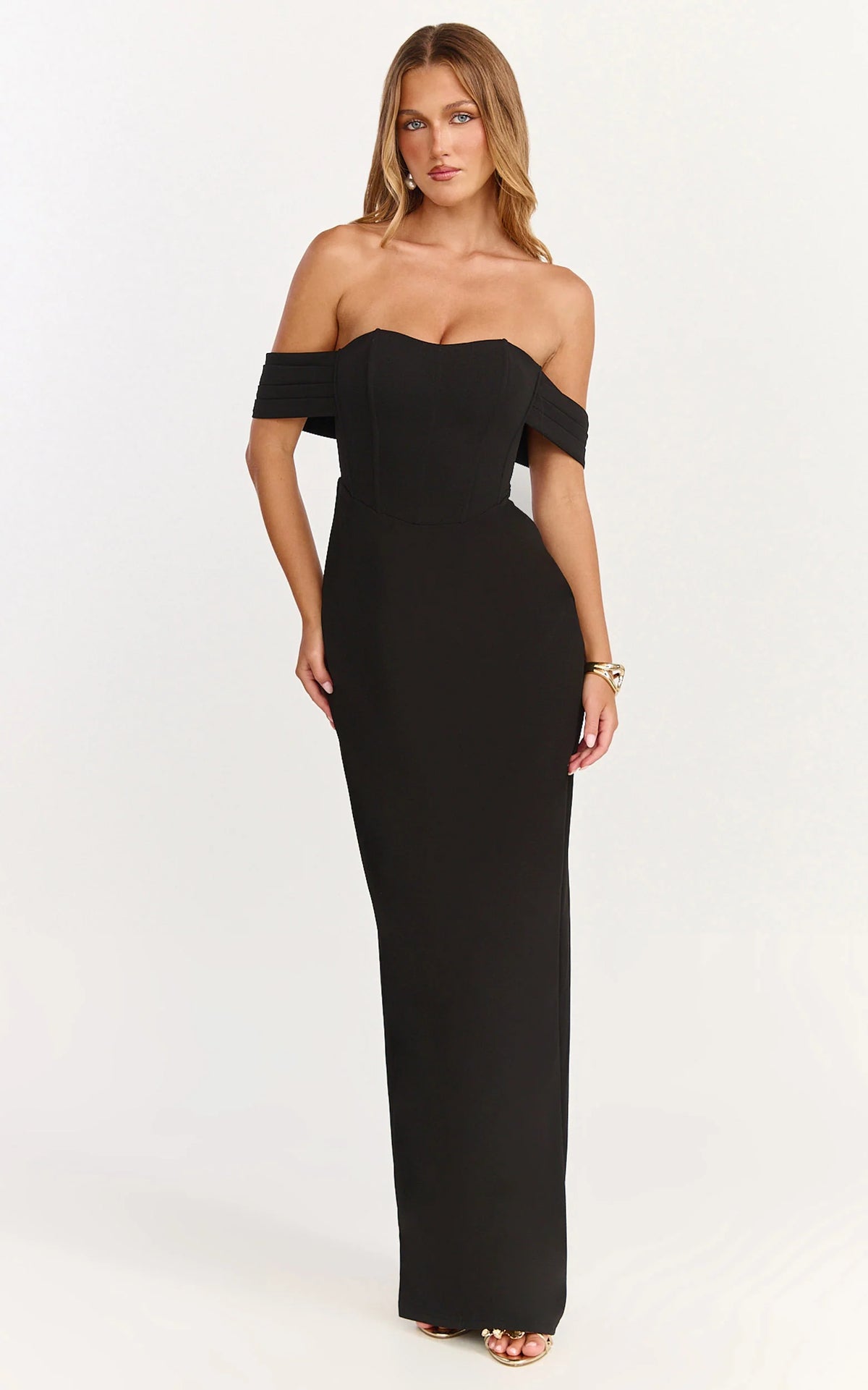 Karina Maxi Dress - Off Shoulder Corset Bodice Lace Up Back Dress in Black