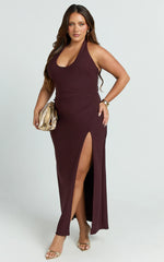 Ruby Maxi Dress - Halter Scoop Neck Low Back Bodycon Dress in Wine
