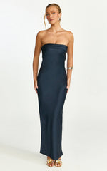 Zaya Midi Dress - Strapless Satin Slip Dress in Navy