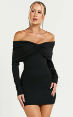 Rani Mini Dress - Off Shoulder Long Sleeve Bodycon Dress in Black