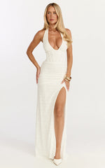 Lacey Maxi Dress - Lace Corset Style Bodice Halter Dress in White