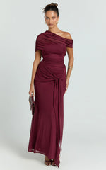 Nicolette Maxi Dress - Cape Sleeve Off Shoulder Dress in Wine